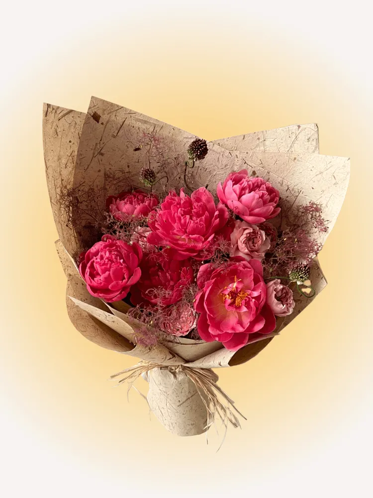 Peony Fairy Bouquet with pink peonies, dusty blush roses, purple allium-like spherical flowers