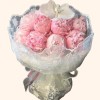 Full pink peonies, one white phalaenopsis orchid, embroidered lace mesh, and pale grey-blue wrapping