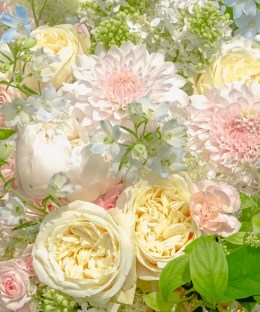 Close-up detail of cream garden roses, pink dahlias and peony, blue delphinium, and airy white flowers in a clear vase