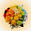 Prismatic Bloom Bouquet with orange and yellow roses, blue carnations, and white gerbera-like flowers