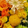Close-up of orange and yellow roses, blue carnations, and white gerbera-like flowers in the Prismatic Bloom Bouquet