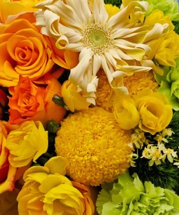 Close-up of orange and yellow roses, blue carnations, and white gerbera-like flowers in the Prismatic Bloom Bouquet