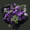Full deep and pale purple lisianthus with slender green foliage in minimalist black wrapping