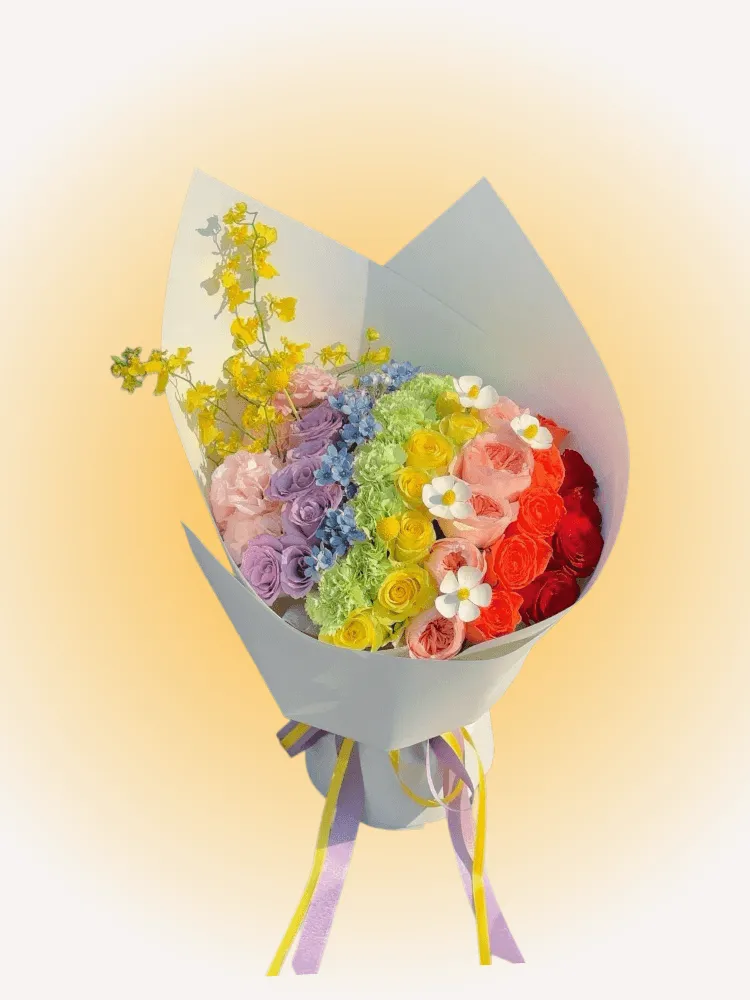 Rainbow Reverie Rose Bouquet with pink, lavender, yellow, peach, and red roses