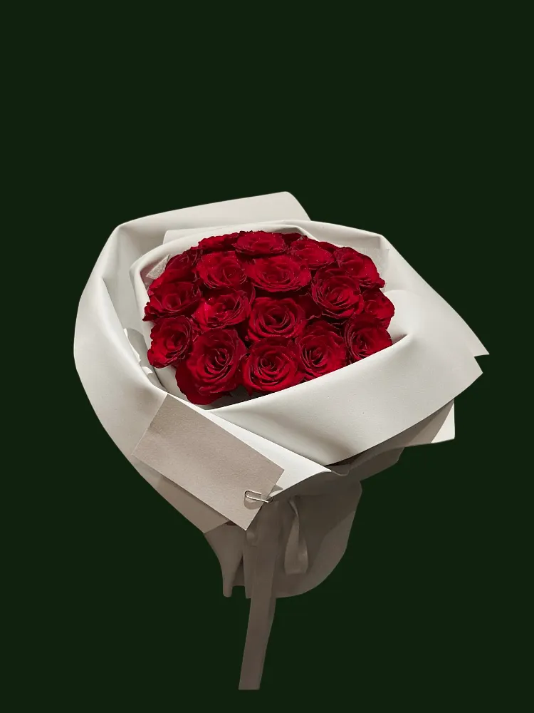 Rich red Explorer-style roses arranged in crisp layered white wrapping