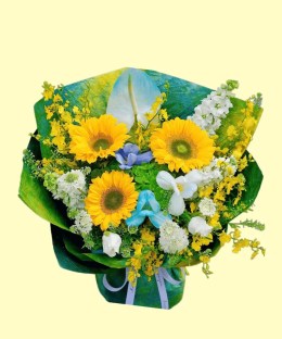 Full yellow sunflowers, white anthurium, blue-white tulips, green hydrangea, white delphinium and yellow oncidium