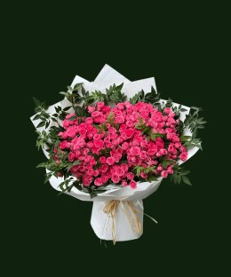 Sweet pink roses and white accent flowers in a rounded bouquet with white wrapping.