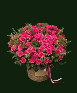 Sophie Baby pink rose basket with fresh hot-pink roses, seasonal filler flowers, foliage, and ribbon.