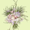 Full pink tulips, lilac clematis and campanula, freesia, purple stock, blue-lace flowers, and flowering spiraea branches