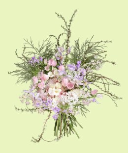 Full pink tulips, lilac clematis and campanula, freesia, purple stock, blue-lace flowers, and flowering spiraea branches