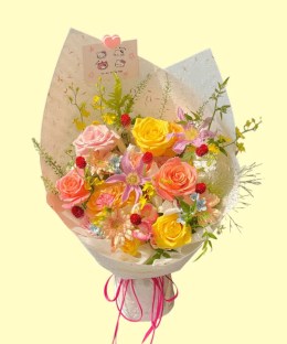 Full peach, yellow and pink roses, blush gerbera, purple clematis, red gomphrena, blue flowers and airy fern