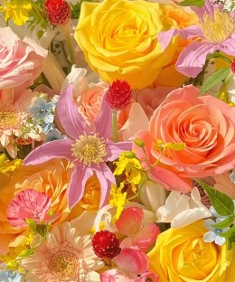 Close-up of peach, yellow and pink roses, blush gerbera, purple clematis, red gomphrena, blue flowers and airy fern