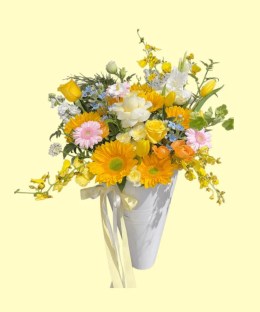 Full sunflowers, cream roses, pink gerbera, yellow tulips, white line flowers, blue accents and oncidium in a white bucket