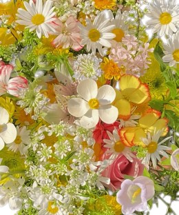 Close-up detail of chamomile, campanula, butterfly carnations, alstroemeria, pink roses, blue tweedia, and whimsical butterfly accents