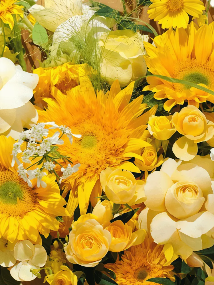 Close-up detail of standard and Teddy Bear sunflowers with cream roses, oncidium orchids, snapdragons, green hydrangea, and white Ammi