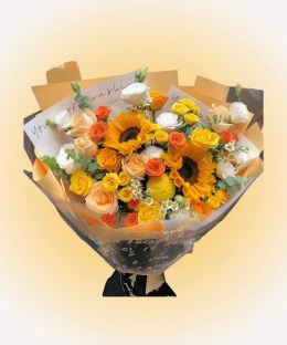 Sunlit Meadow Sunflower Bouquet with sunflowers, champagne roses, and yellow roses