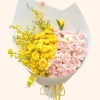 Full yellow garden roses, blush spray roses, yellow oncidium, yellow tulip, and white bulb flowers