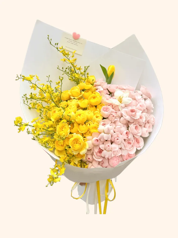 Full yellow garden roses, blush spray roses, yellow oncidium, yellow tulip, and white bulb flowers