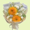 Full two Teddy Bear sunflowers with white lisianthus, campanula, chamomile, purple scabiosa, and eucalyptus