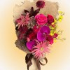Velvet Orchid Crimson Bouquet with magenta phalaenopsis orchids, red roses, and pink gerbera