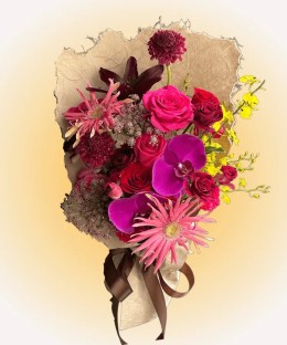 Velvet Orchid Crimson Bouquet with magenta phalaenopsis orchids, red roses, and pink gerbera
