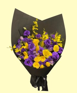 Full deep-purple lisianthus and roses, yellow roses, tulips, calla lilies and oncidium in black wrapping
