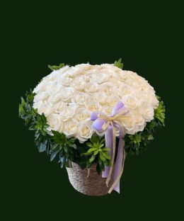 White Rose Flower Basket with Purple Bow