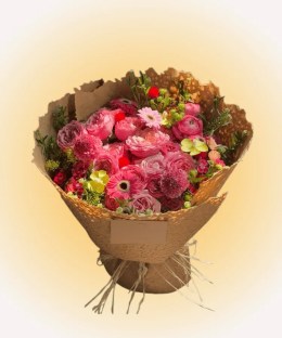 Wild Blush Garden Bouquet with pink garden roses, deep-pink ranunculus, and pink gerbera