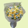 Full yellow garden roses with blue tweedia, pale-blue delphinium, white Queen Anne's lace, and fresh greenery
