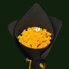 Lush yellow roses with light floral accents in dramatic black wrapping.