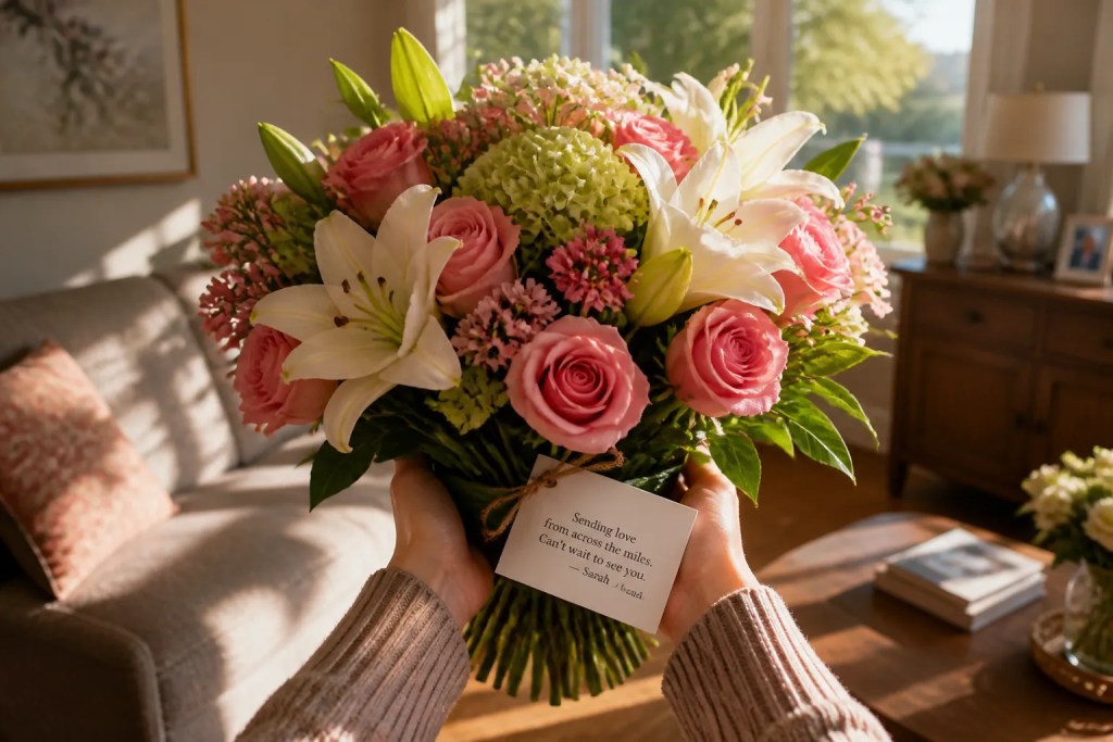 A pair of hands holding a fresh mixed bouquet received via international flower delivery service.