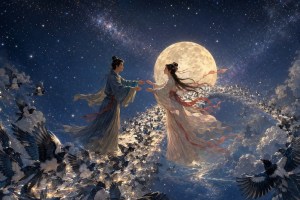 Niulang and Zhinyu reuniting on the magpie bridge during Qixi Festival